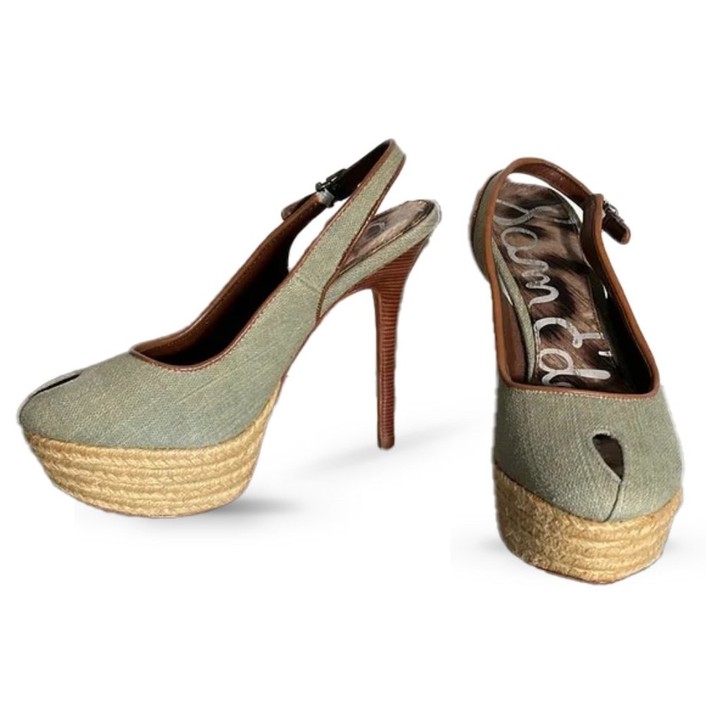 Sam Edelman Size 6.5 Platform Heel High Heeled Green Blue cream Brown Weave Shoe